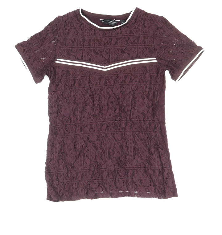 Dorothy Perkins Womens Purple Floral Polyamide Basic T-Shirt Size 10 Round Neck - Lace Overlay