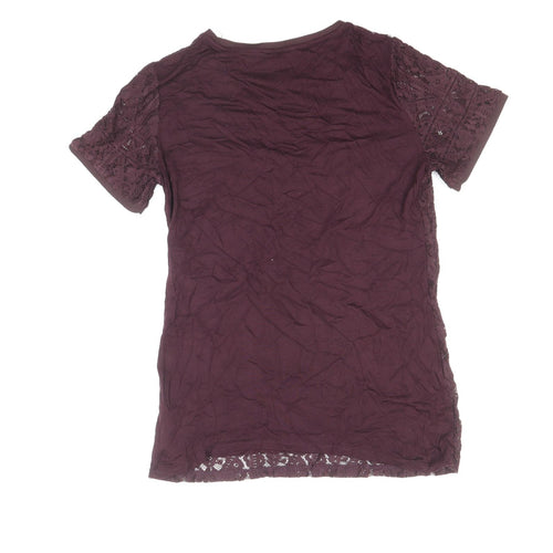 Dorothy Perkins Womens Purple Floral Polyamide Basic T-Shirt Size 10 Round Neck - Lace Overlay