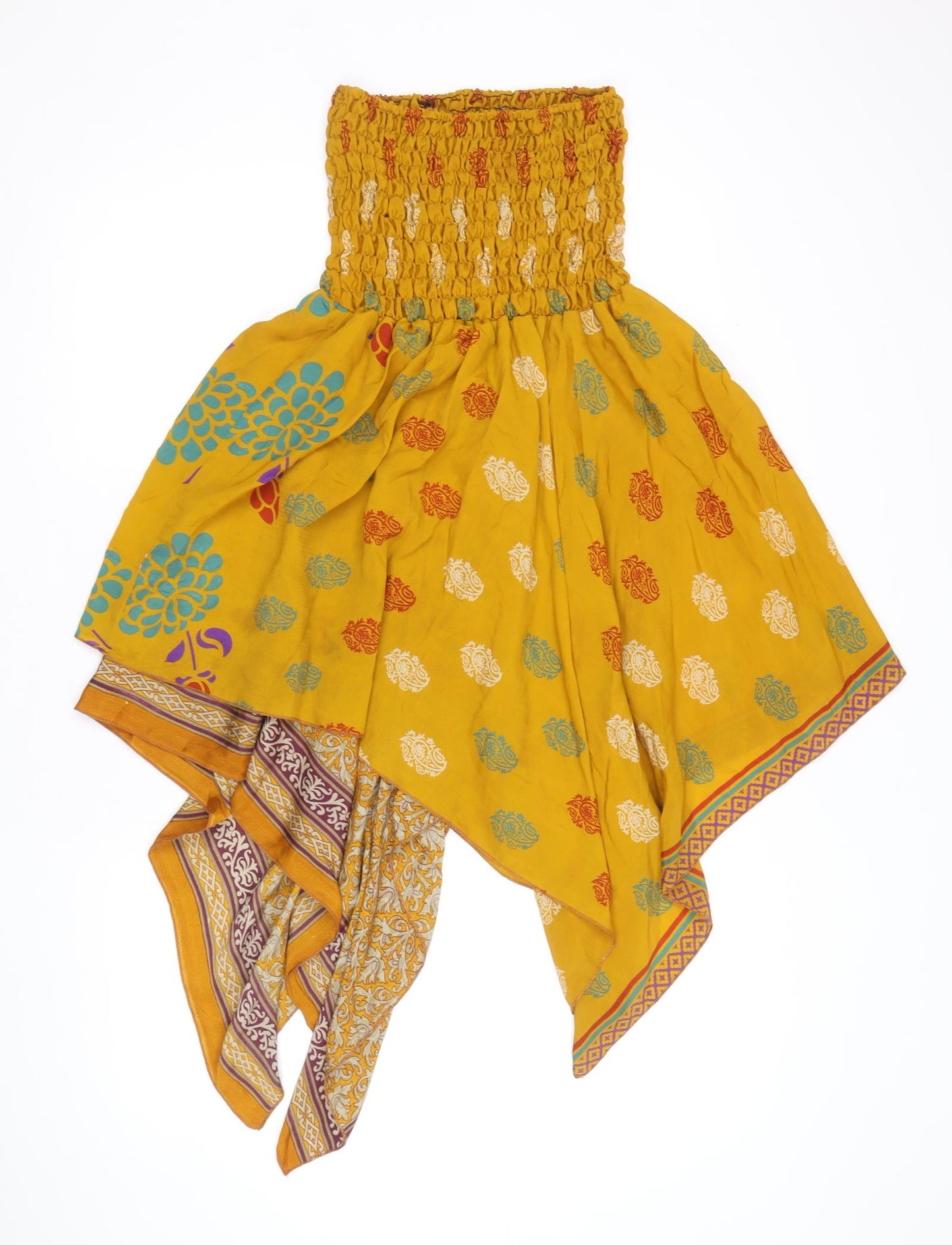 Karma Womens Yellow Geometric Silk Basic Blouse Size 10 Off the Shoulder
