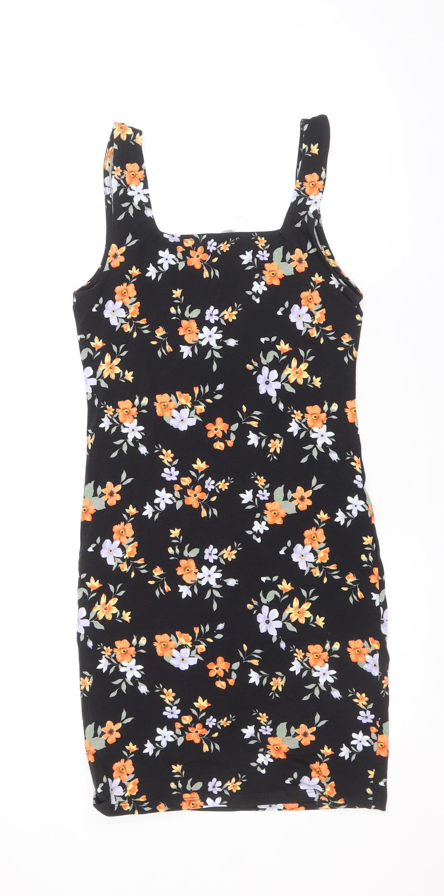 Terranova Womens Black Floral Cotton Tank Dress Size S Square Neck Pullover