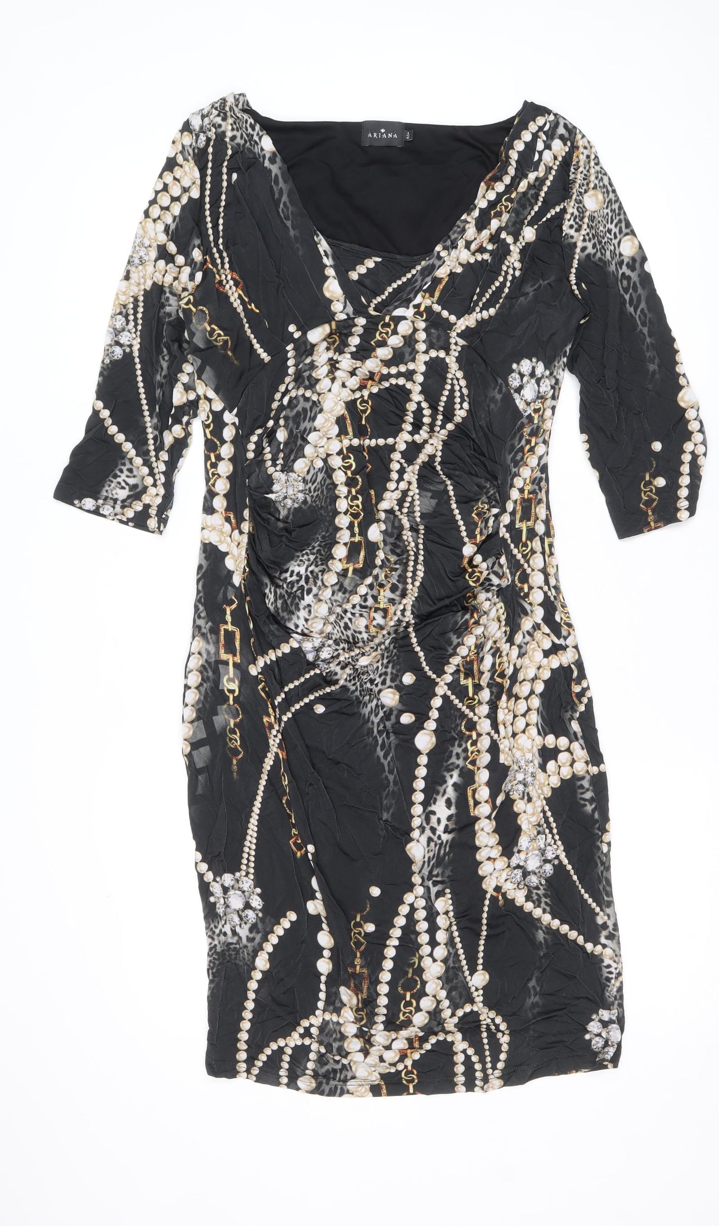 Ariana Womens Black Geometric Viscose A-Line Size 12 Round Neck Pullover
