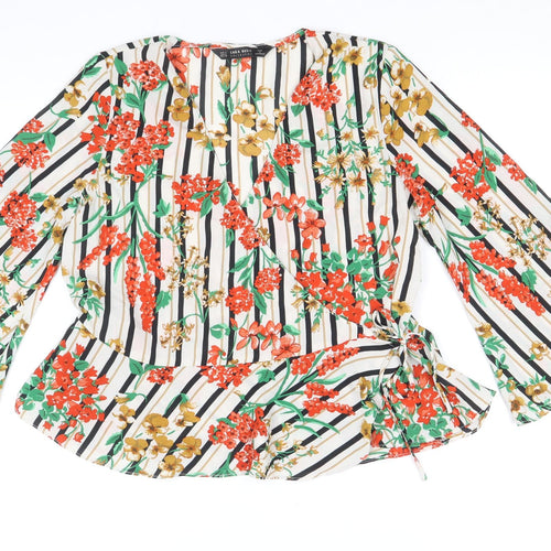 Zara Womens Multicoloured Striped Polyester Wrap Blouse Size S Round Neck - Flower Detail