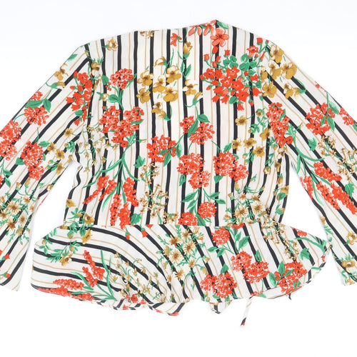 Zara Womens Multicoloured Striped Polyester Wrap Blouse Size S Round Neck - Flower Detail
