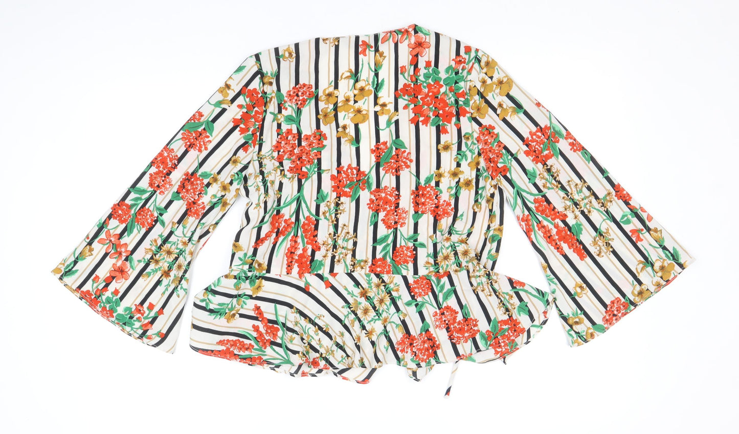 Zara Womens Multicoloured Striped Polyester Wrap Blouse Size S Round Neck - Flower Detail