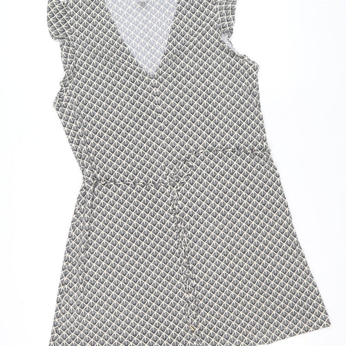 H&M Womens Beige Geometric Polyester Fit & Flare Size S V-Neck Pullover
