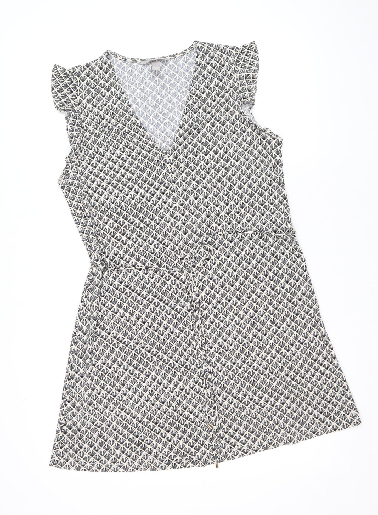 H&M Womens Beige Geometric Polyester Fit & Flare Size S V-Neck Pullover