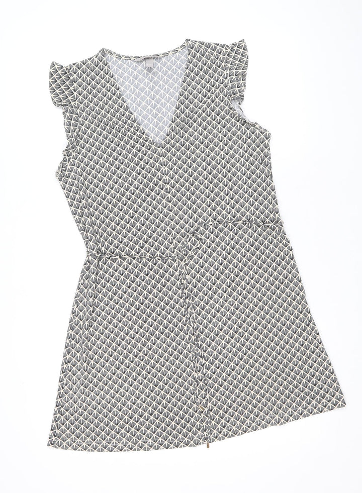 H&M Womens Beige Geometric Polyester Fit & Flare Size S V-Neck Pullover