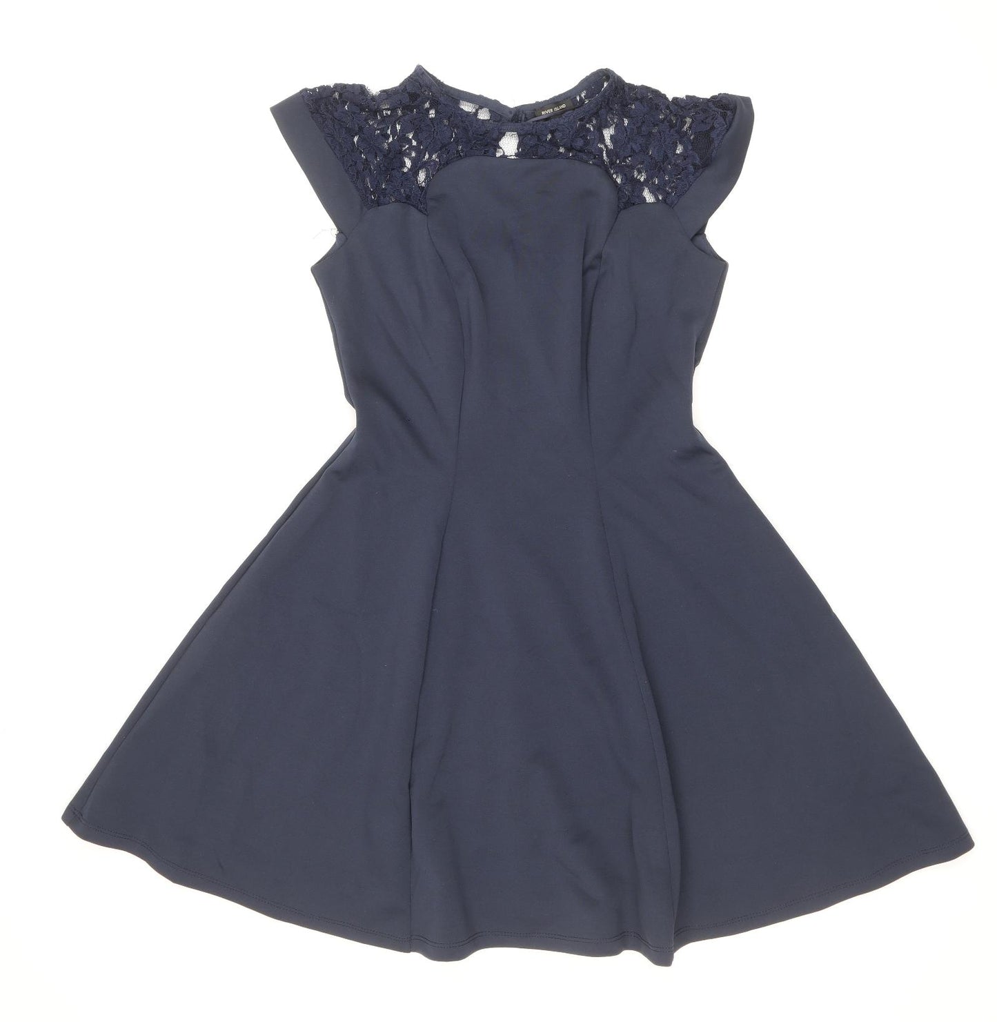 River Island Womens Blue Polyester Skater Dress Size 10 Round Neck Zip