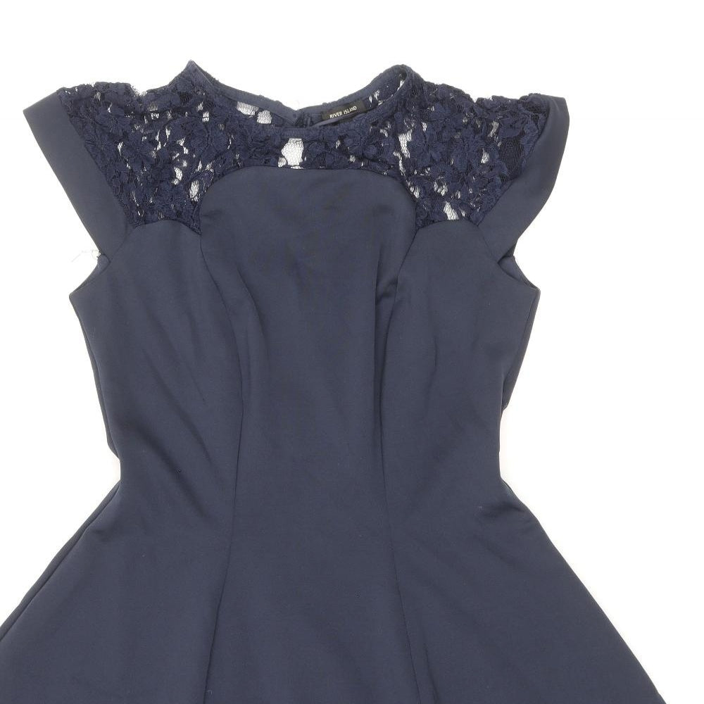 River Island Womens Blue Polyester Skater Dress Size 10 Round Neck Zip