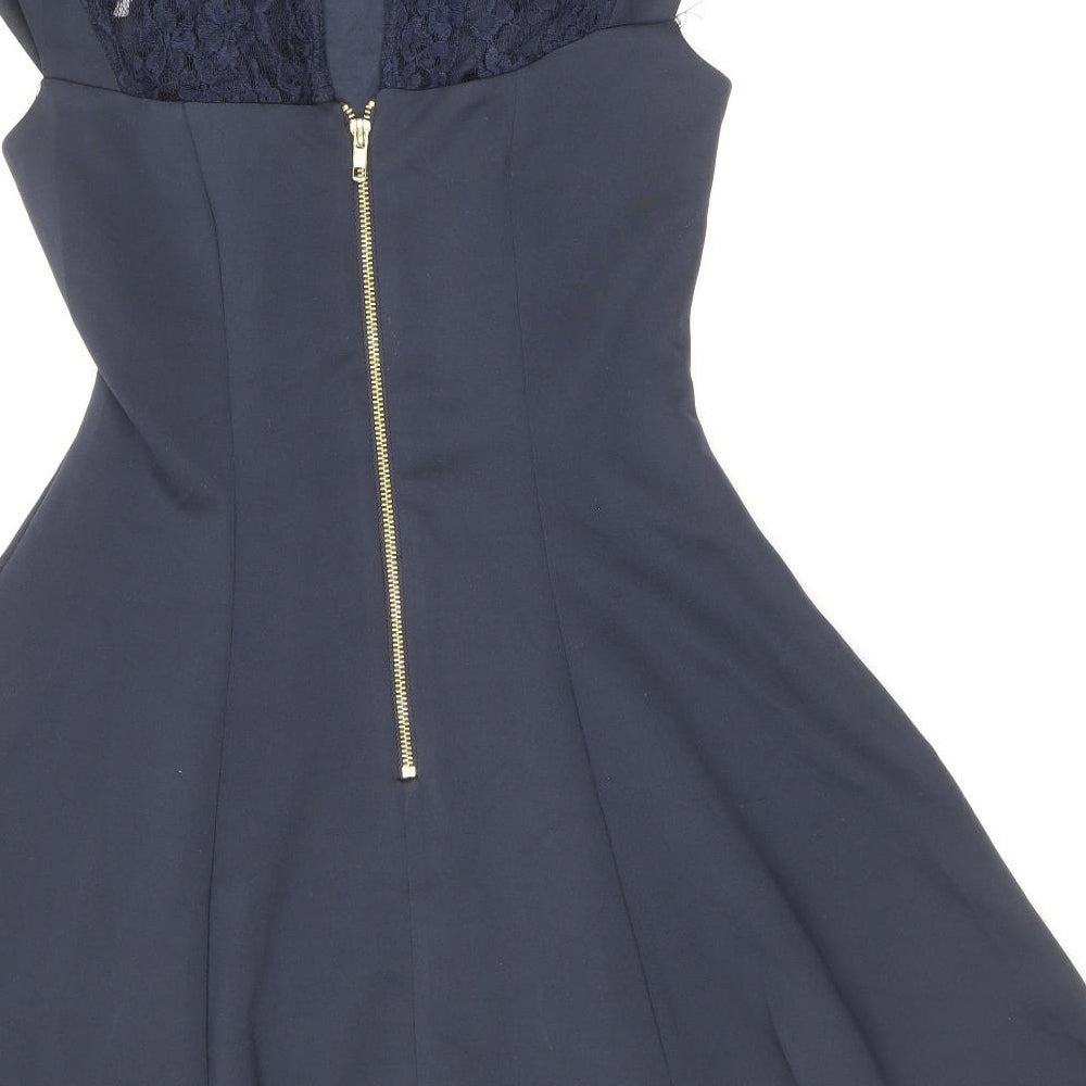River Island Womens Blue Polyester Skater Dress Size 10 Round Neck Zip