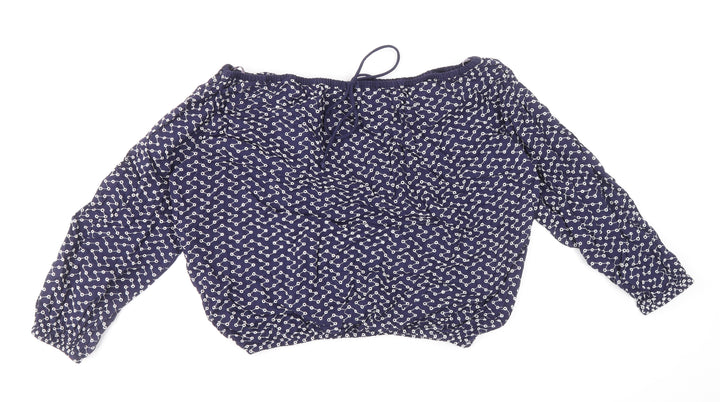 Warehouse Womens Blue Geometric 100% Cotton Basic Blouse Size 8 Off the Shoulder - Broderie Anglaise