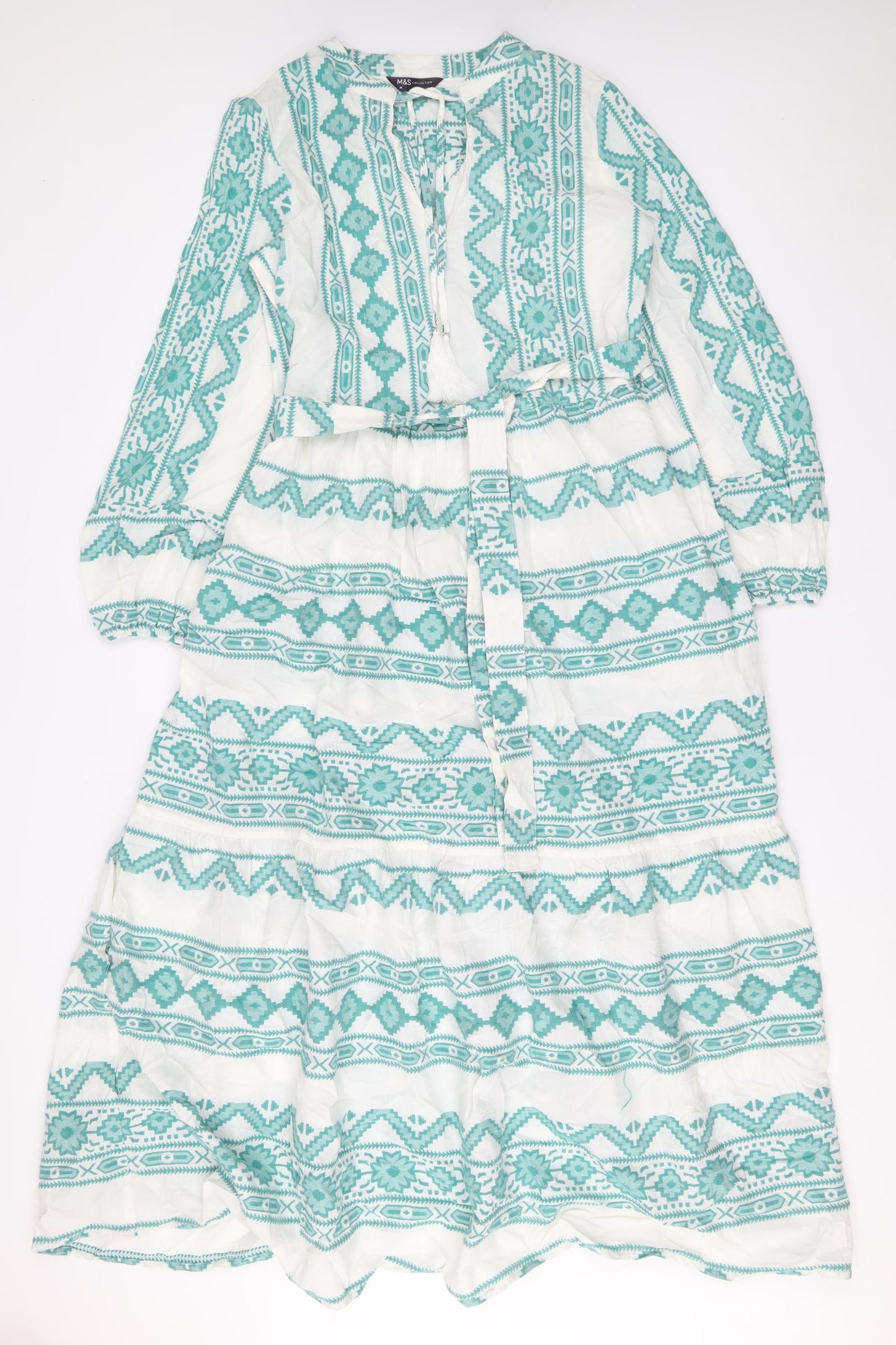 Marks and Spencer Womens Green Geometric Cotton Maxi Size M Round Neck Tie