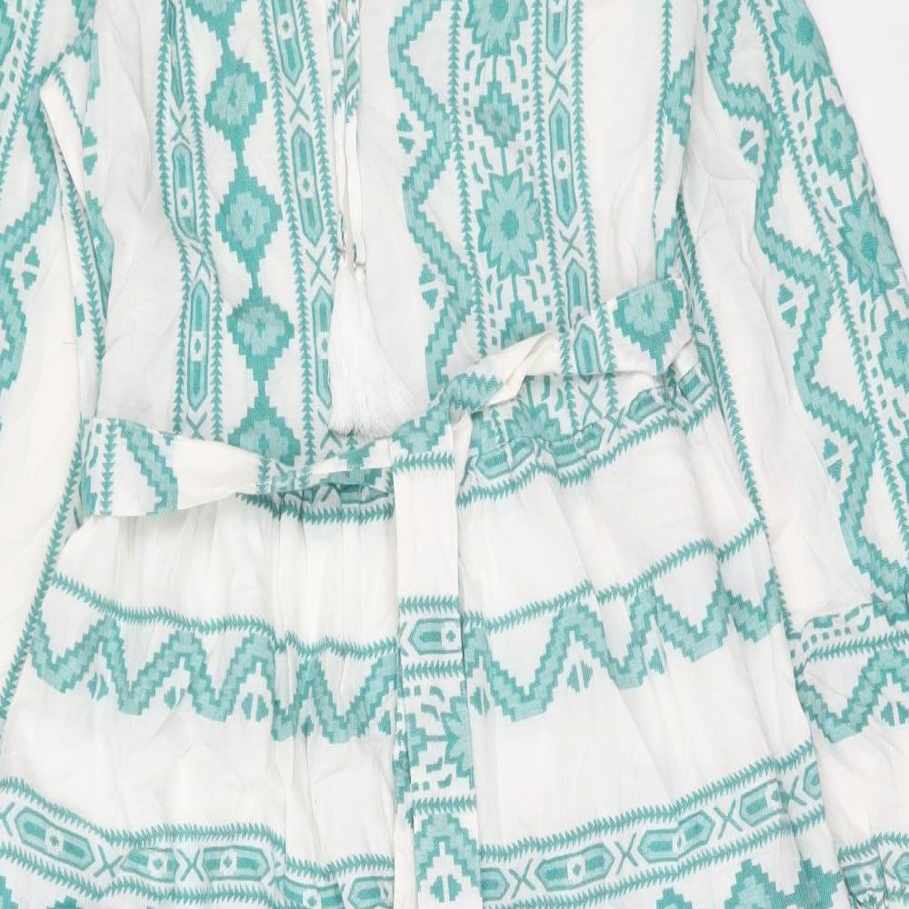 Marks and Spencer Womens Green Geometric Cotton Maxi Size M Round Neck Tie