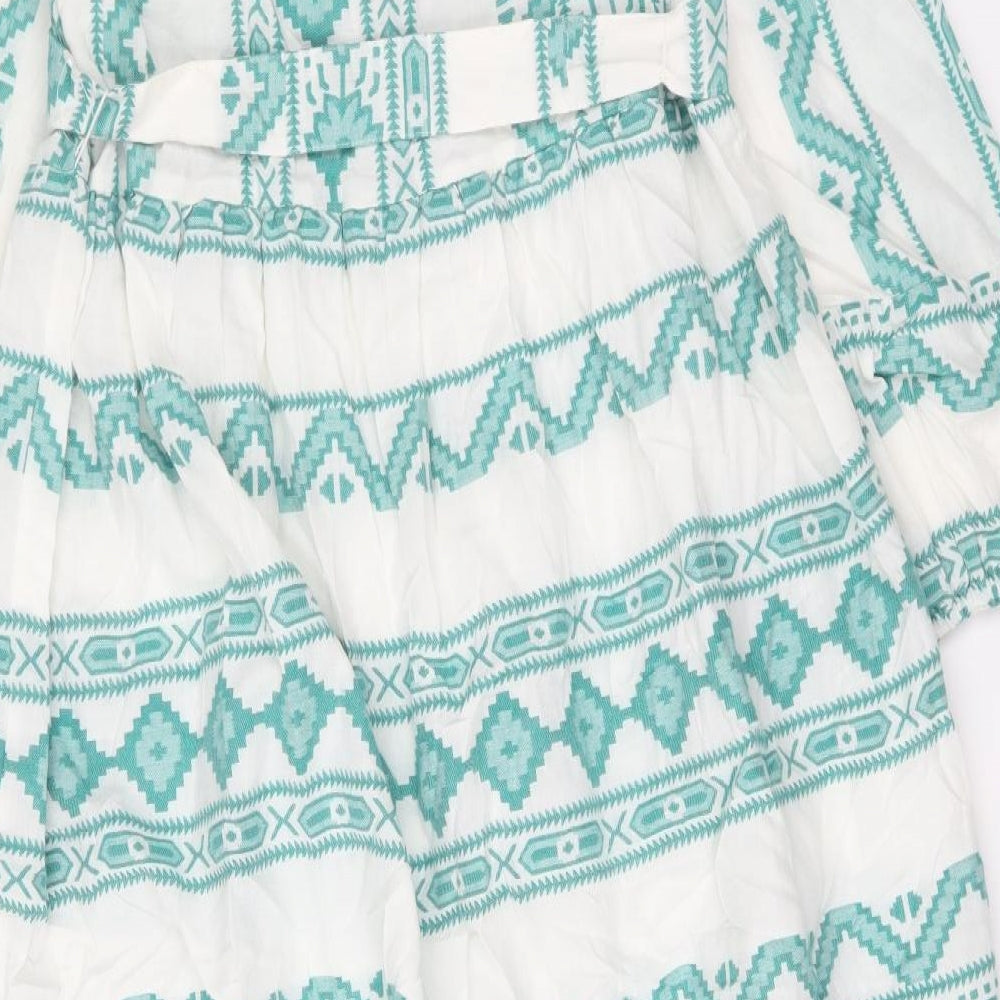 Marks and Spencer Womens Green Geometric Cotton Maxi Size M Round Neck Tie