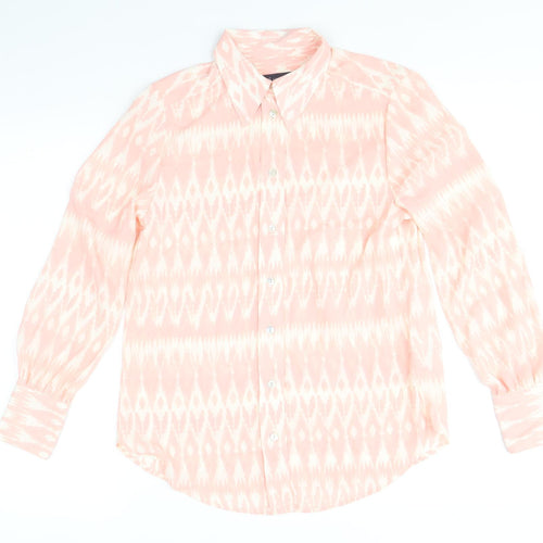 Marks and Spencer Womens Pink Geometric Polyester Basic Button-Up Size 8 V-Neck