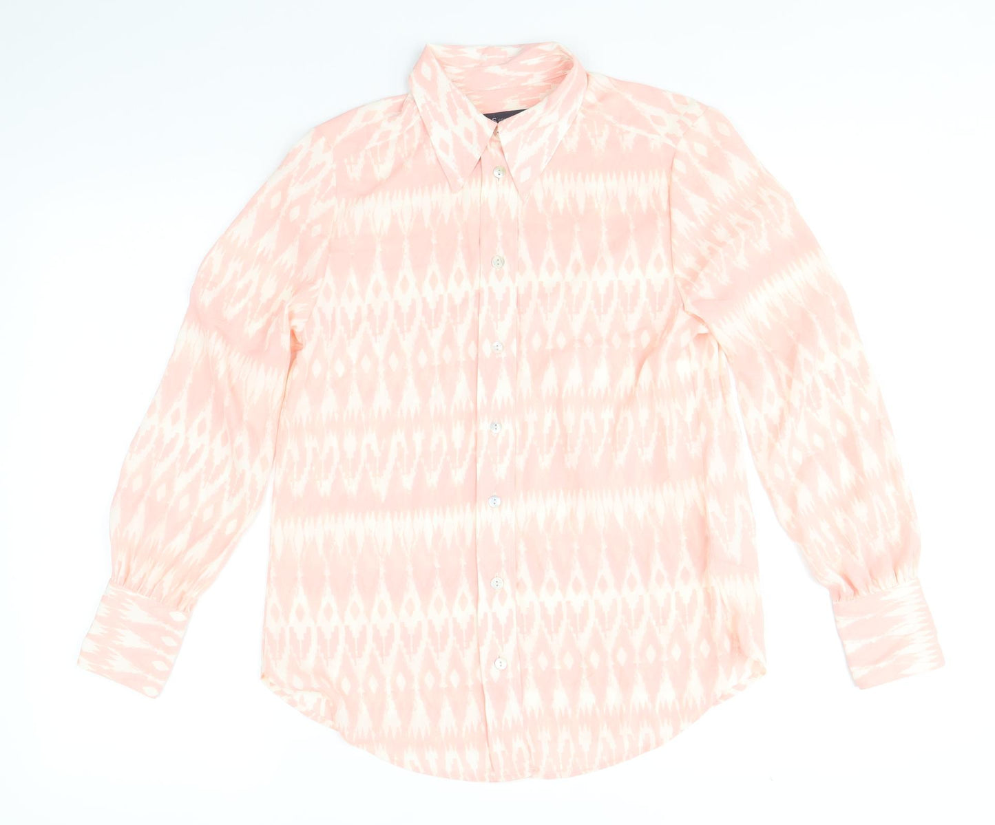 Marks and Spencer Womens Pink Geometric Polyester Basic Button-Up Size 8 V-Neck