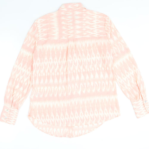 Marks and Spencer Womens Pink Geometric Polyester Basic Button-Up Size 8 V-Neck