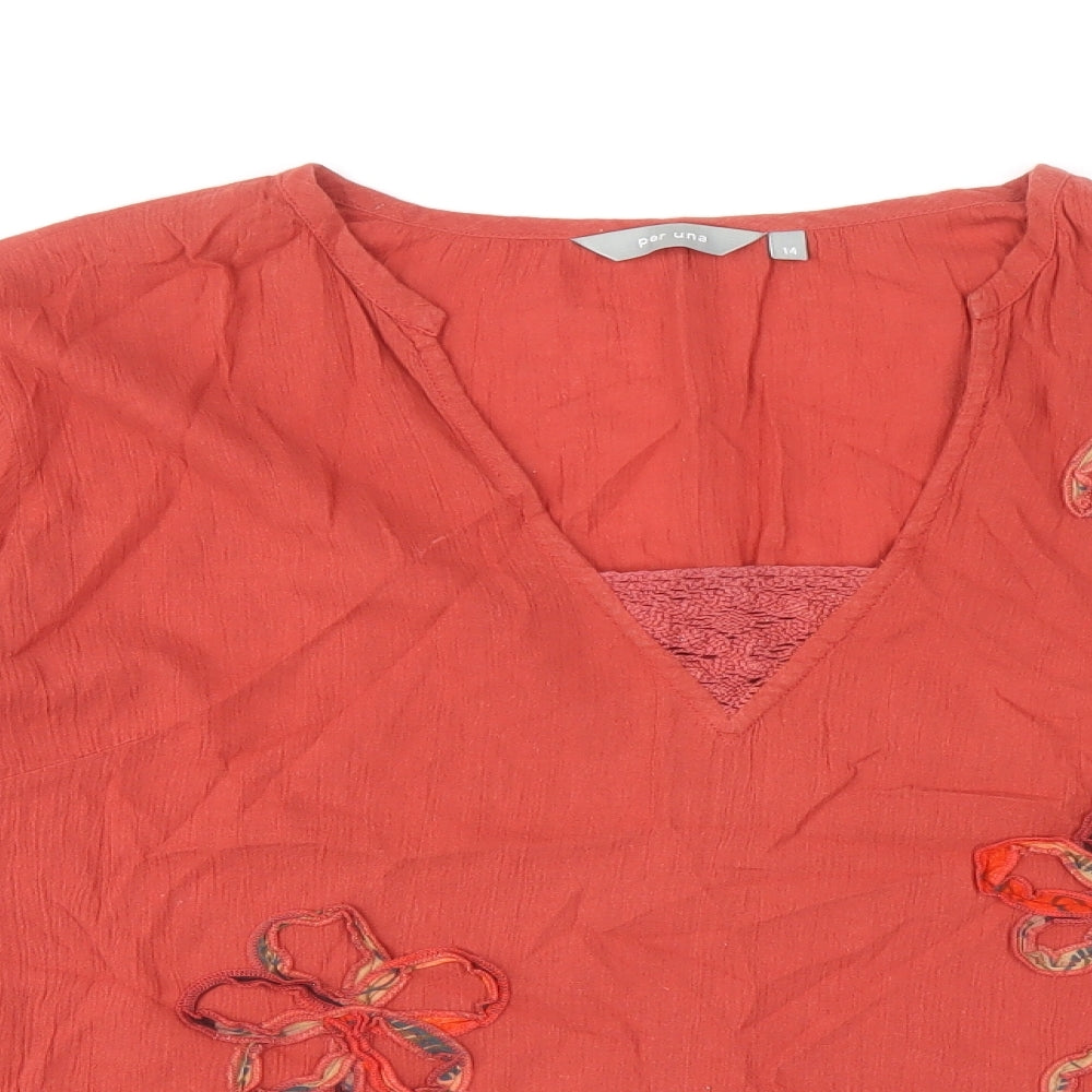 Per Una Womens Red 100% Cotton Basic T-Shirt Size 14 V-Neck