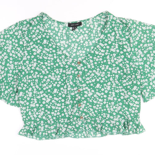 New Look Womens Green Geometric Polyester Cropped Blouse Size 14 V-Neck
