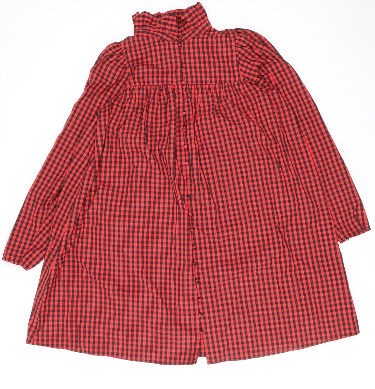 H&M Womens Red Geometric Polyester Shirt Dress Size M High Neck Button