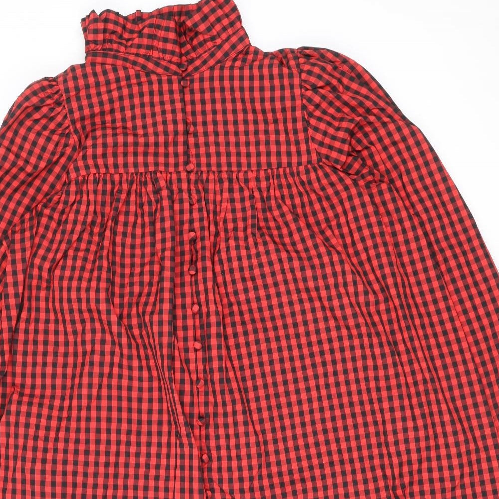 H&M Womens Red Geometric Polyester Shirt Dress Size M High Neck Button