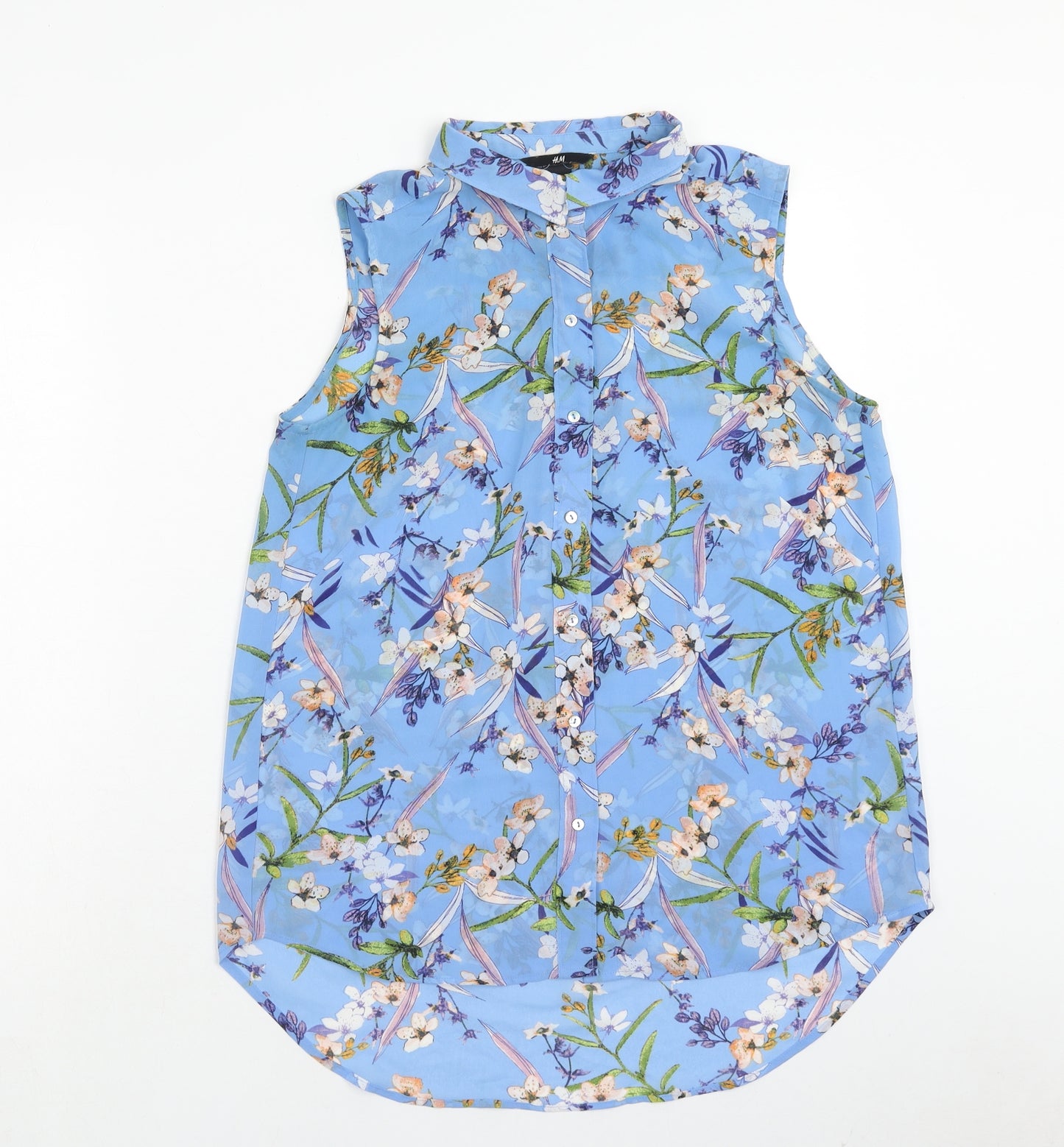 H&M Womens Blue Floral Polyester Basic Button-Up Size 8 Collared