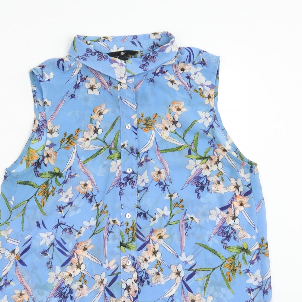 H&M Womens Blue Floral Polyester Basic Button-Up Size 8 Collared