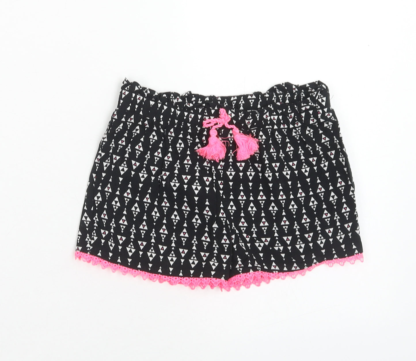 Primark Girls Black Geometric Viscose Hot Pants Shorts Size 5 Years Regular Drawstring