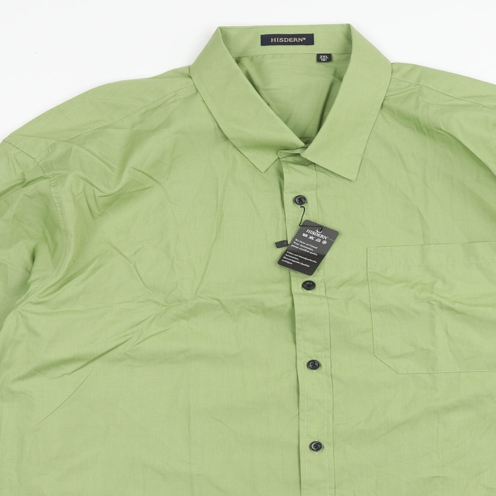 Hisdern Mens Green Cotton Button-Up Size 2XL Collared Button