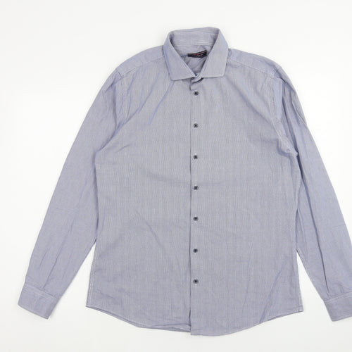 Luc Brevet Mens Blue Cotton Button-Up Size 16 Collared Button