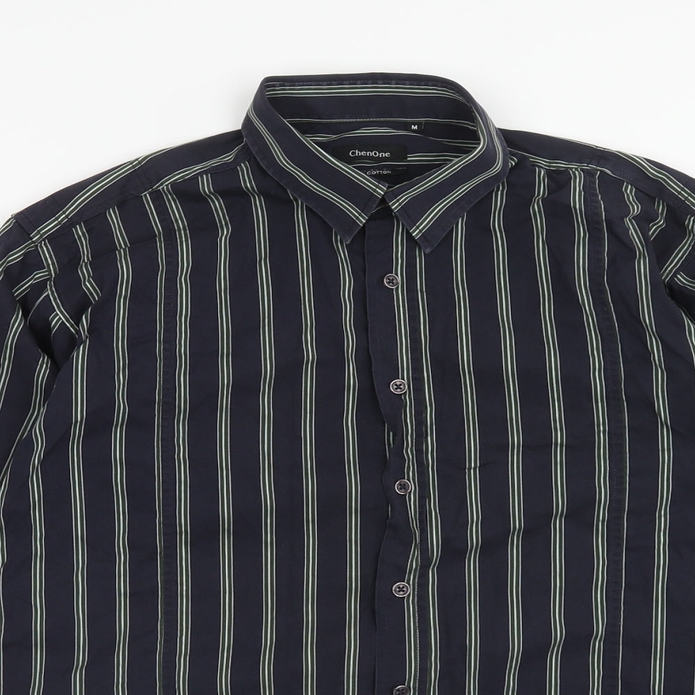 ChenOne Mens Blue Striped Cotton Button-Up Size M Collared Button