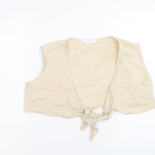 Primark Womens Beige Linen Cropped Tank Size 14 V-Neck - Knot Front