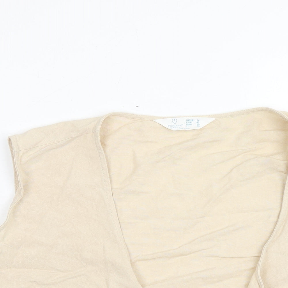 Primark Womens Beige Linen Cropped Tank Size 14 V-Neck - Knot Front