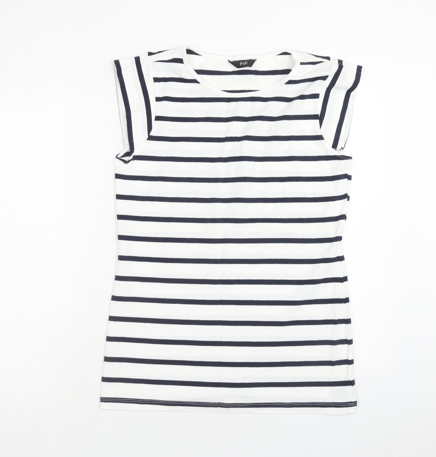 F&F Womens White Striped Cotton Basic T-Shirt Size 18 Round Neck