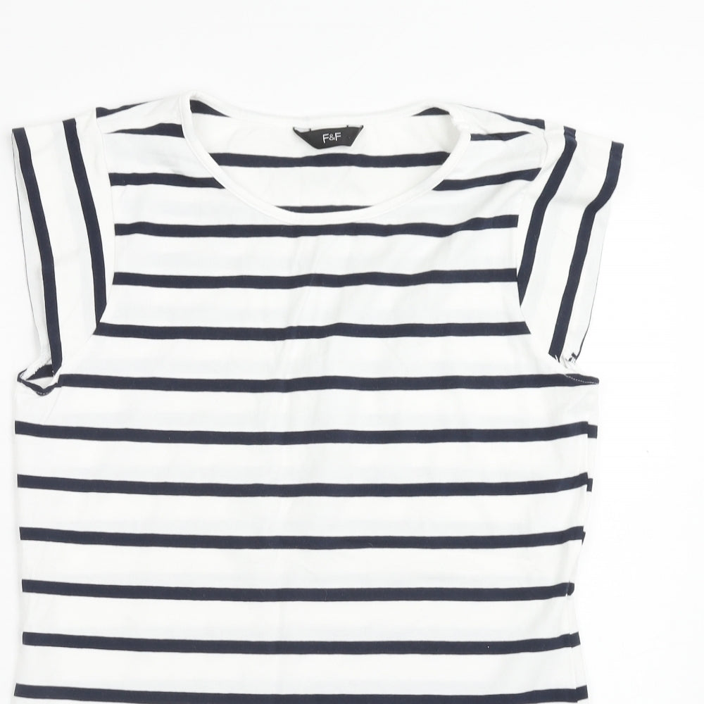 F&F Womens White Striped Cotton Basic T-Shirt Size 18 Round Neck
