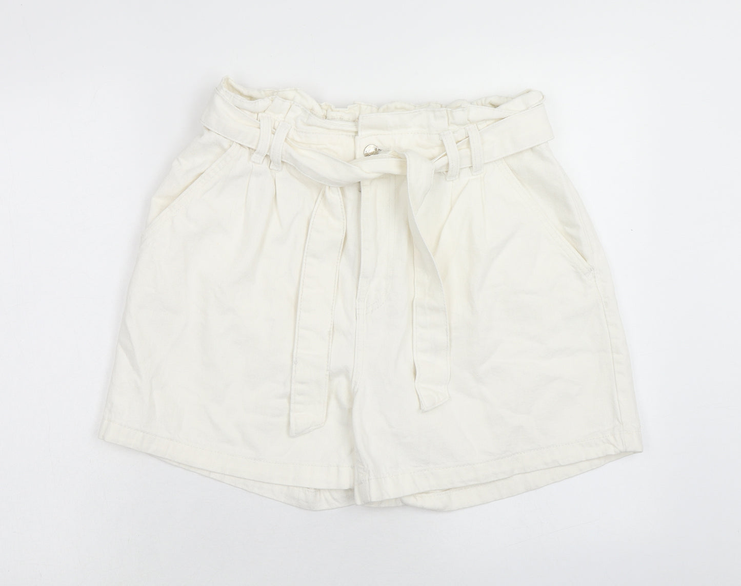 Denim & Co. Womens White Cotton Paperbag Shorts Size 14 Regular Zip