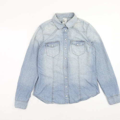 H&M Womens Blue Cotton Basic Button-Up Size 8 V-Neck