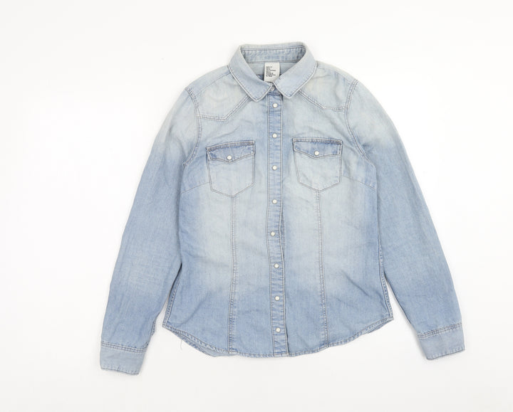H&M Womens Blue Cotton Basic Button-Up Size 8 V-Neck