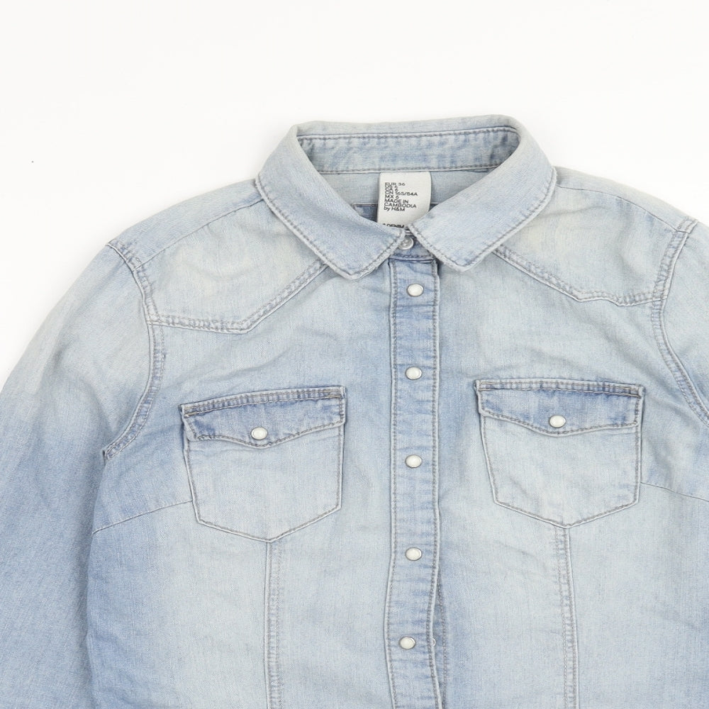 H&M Womens Blue Cotton Basic Button-Up Size 8 V-Neck