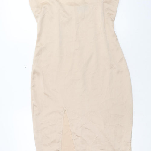 PRETTYLITTLETHING Womens Gold Polyester Bodycon Size 10 Square Neck Zip