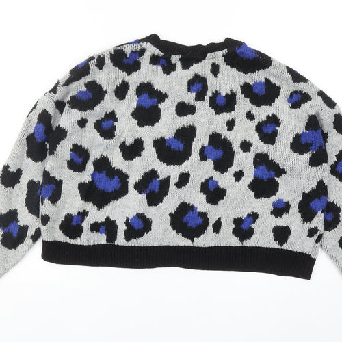 Primark Womens Grey Round Neck Animal Print Acrylic Pullover Jumper Size 2XS