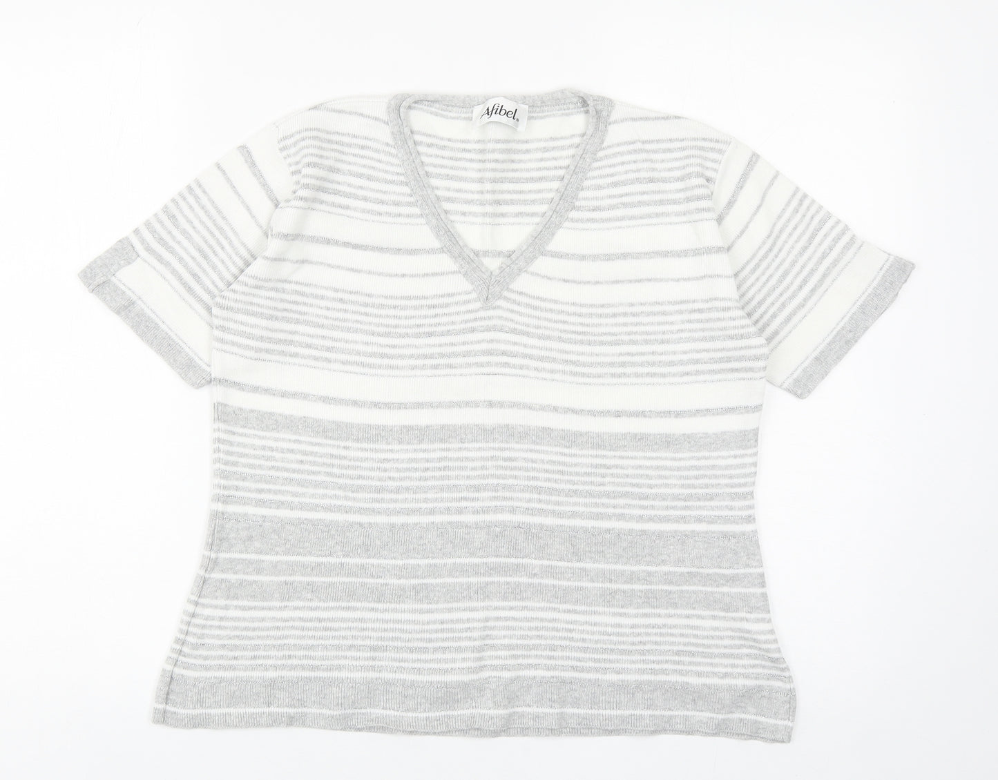 Afibel Womens Grey Striped Acrylic Basic T-Shirt Size 10 V-Neck