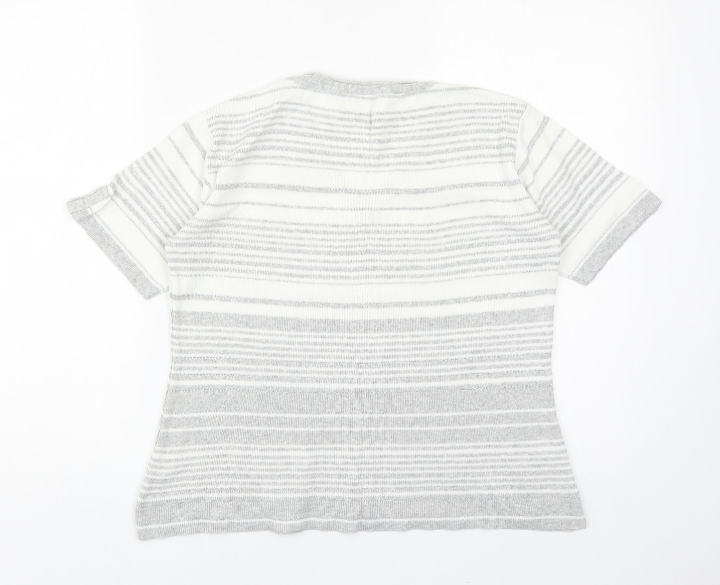 Afibel Womens Grey Striped Acrylic Basic T-Shirt Size 10 V-Neck