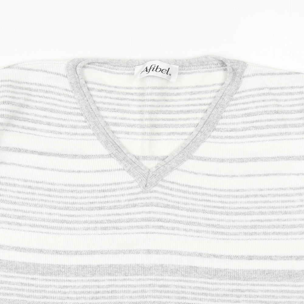 Afibel Womens Grey Striped Acrylic Basic T-Shirt Size 10 V-Neck