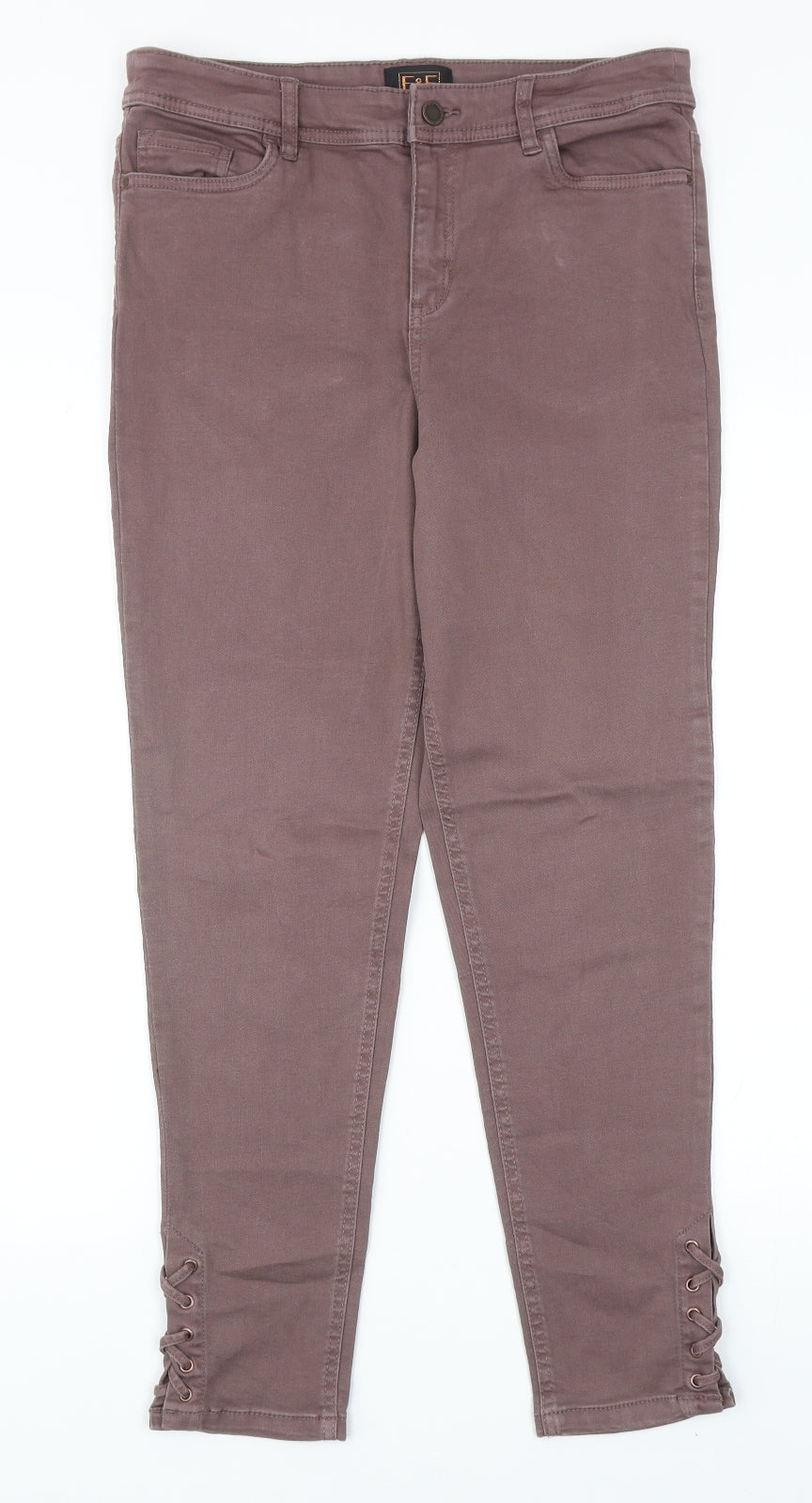 F&F Womens Brown Cotton Skinny Jeans Size 12 Regular Zip - Lace Up Ankle Detail