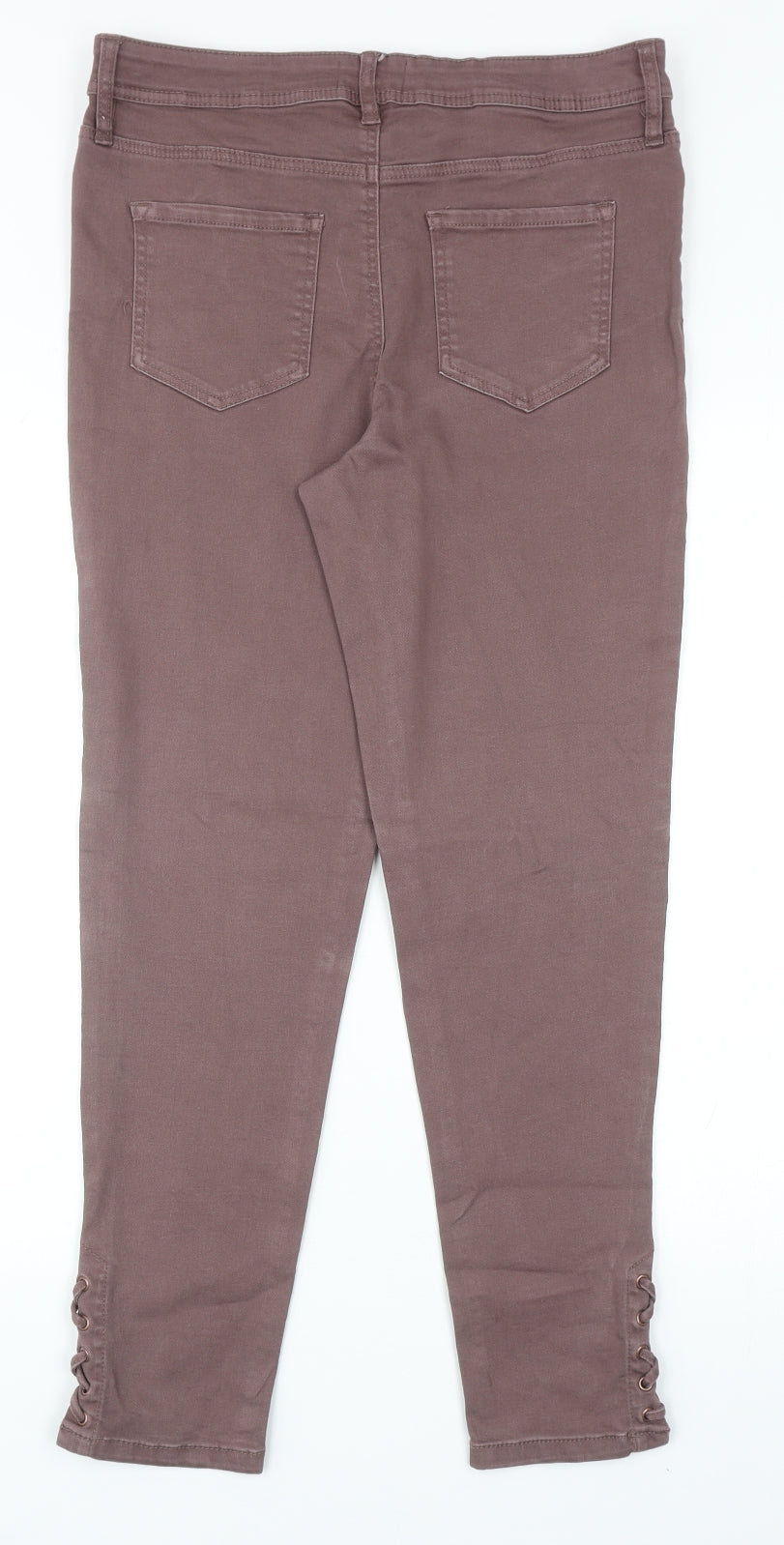 F&F Womens Brown Cotton Skinny Jeans Size 12 Regular Zip - Lace Up Ankle Detail