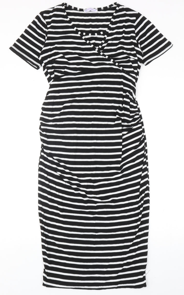 Blue Bell Womens Black Striped Viscose T-Shirt Dress Size 8 V-Neck Pullover