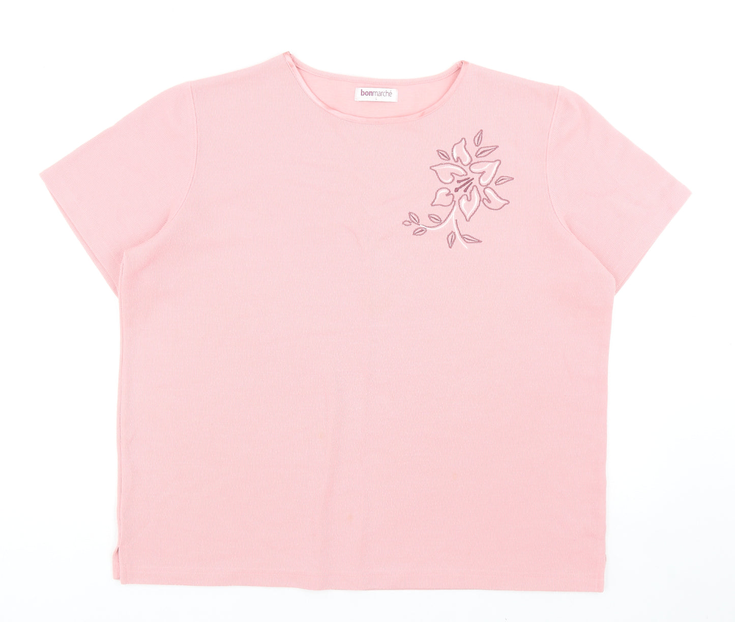 Bonmarché Womens Pink Polyester Basic T-Shirt Size L Round Neck - Flower Detail