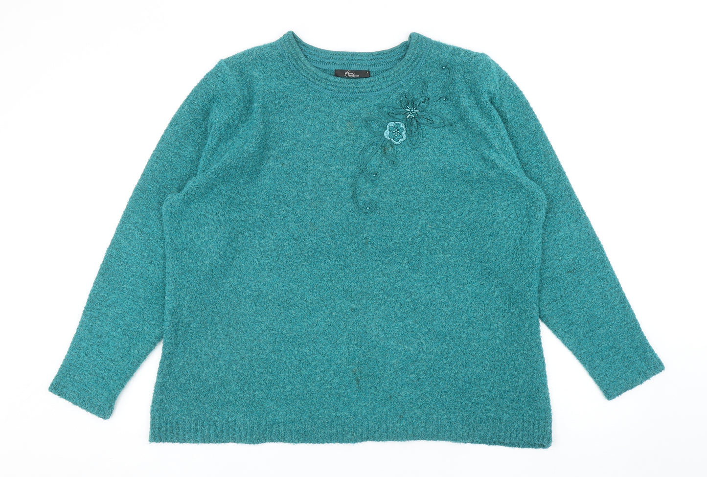 Bonmarché Womens Green Round Neck Acrylic Pullover Jumper Size L - Flower Detail