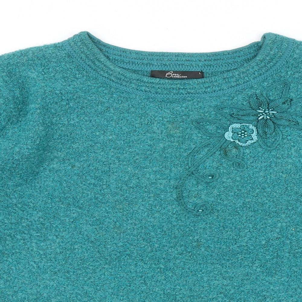 Bonmarché Womens Green Round Neck Acrylic Pullover Jumper Size L - Flower Detail